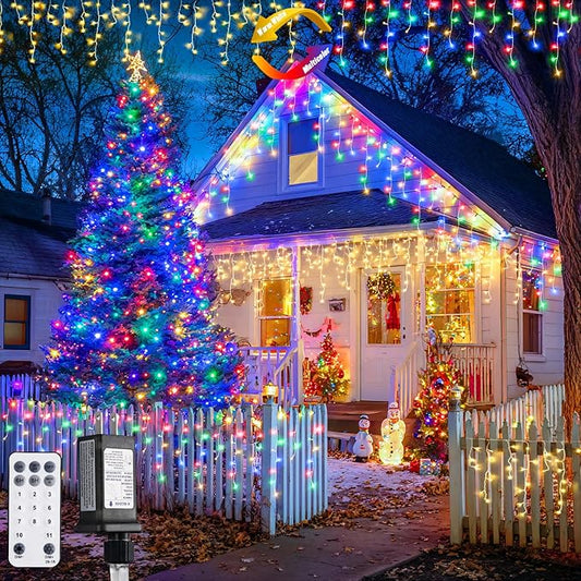JMEXSUSS Color Changing Outdoor Waterproof Icicle Lights, 400 LED with Remote, Warm White to Multicolor for Christmas Eaves Party Decorations