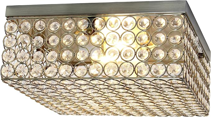 Elegant Designs FM1004-ABS Elipse Crystal 12 Inch Modern Metal 2 Light Squared Ceiling Flush Mount Fixture, Antique Brass