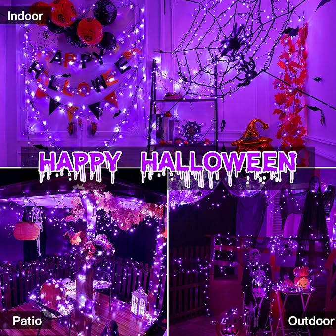 Guhope 66FT 200 LED Halloween Lights, Purple Halloween Lights Outdoor with 8 Lighting Modes, Waterproof String Lights for Halloween Christmas Outdoor Party Yard Garden Decoration