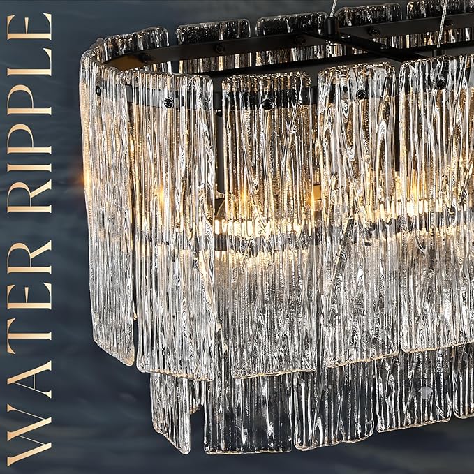 CATINER Black Rectangle Chandeliers for Dining Room Modern Crystal Glass Island Light 6-Light Chandelier Luxury Rectangular Linear Hanging Pendant Light Fixture for Kitchen L35.5”