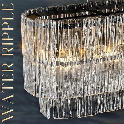 CATINER Black Rectangle Chandeliers for Dining Room Modern Crystal Glass Island Light 6-Light Chandelier Luxury Rectangular Linear Hanging Pendant Light Fixture for Kitchen L35.5”