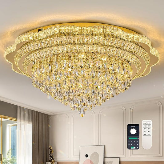 Gold LED Crystal Ceiling Light for Living Room, 40" Modern Large Flush Mount Chandelier with K9 Crystal Raindrop,Elegant Lighting Fixture with Remote Control for Hallway Dinning Room