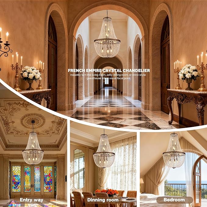 Wellmet French Empire Crystal Chandelier Farmhouse Antique Bronze Chandeliers Light Fixture, 10 Lights Adjustable Pendant Light for Dining Living Room, Bedroom, Entryway, Kitchen, Foyer, 25.4" W
