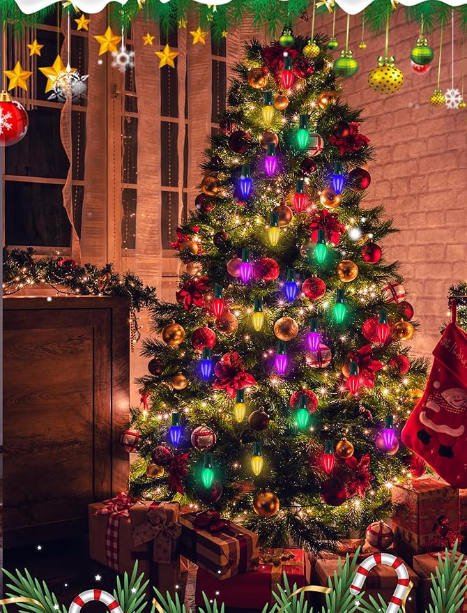C7 LED Christmas Lights, 25Ft Vintage C7 Christmas Lights with 27 LED Clear Multicolor Bulbs, Hanging Connectable Xmas String Light for Patio Garden Holiday Home Xmas Decor