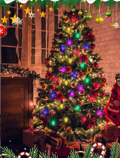 C7 LED Christmas Lights, 25Ft Vintage C7 Christmas Lights with 27 LED Clear Multicolor Bulbs, Hanging Connectable Xmas String Light for Patio Garden Holiday Home Xmas Decor
