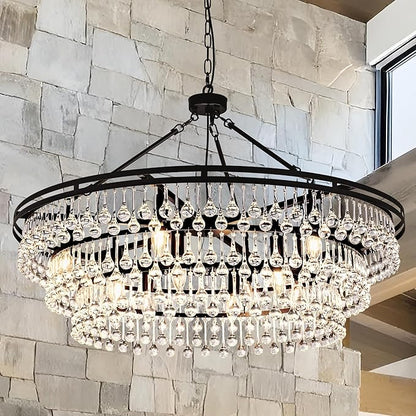 Wellmet Large Black Farmhouse Chandelier, 38in Round Modern Crystal Teardrop Chandelier for Dining Room, Bedroom, Kitchen, Hallway, Closet, Living Room