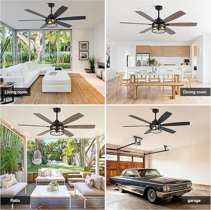 Farmhouse Ceiling Fan with Lights and Remote Large Rustic Ceiling Fan Caged Fandelier Industrial Chandelier Light, Reversible Quiet DC Motor 6 Speed for Indoor Outdoor (Industrial, 60 Inch)