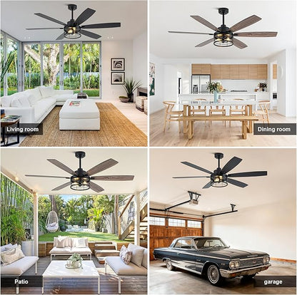 Farmhouse Ceiling Fan with Lights and Remote Large Rustic Ceiling Fan Caged Fandelier Industrial Chandelier Light, Reversible Quiet DC Motor 6 Speed for Indoor Outdoor (Industrial, 60 Inch)