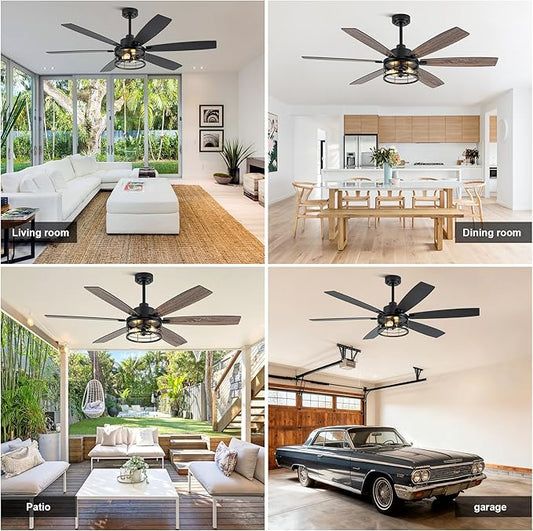 Farmhouse Ceiling Fan with Lights and Remote Large Rustic Ceiling Fan Caged Fandelier Industrial Chandelier Light, Reversible Quiet DC Motor 6 Speed for Indoor Outdoor (Industrial, 60 Inch)