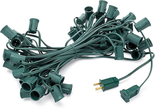 HLO Lighting C9 Light Strings | 50' Green Cord with 12" Socket Spacing, E17 Light Stringer for C9 Christmas Lights