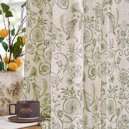 jinchan Small Window Curtains 45 Inch Linen Floral Curtain Set for Kitchen Bathroom Cafe Curtains Light Filtering Window Treatment Farmhouse Cottagecore Back Tab Drapes 2 Panels Green on Beige
