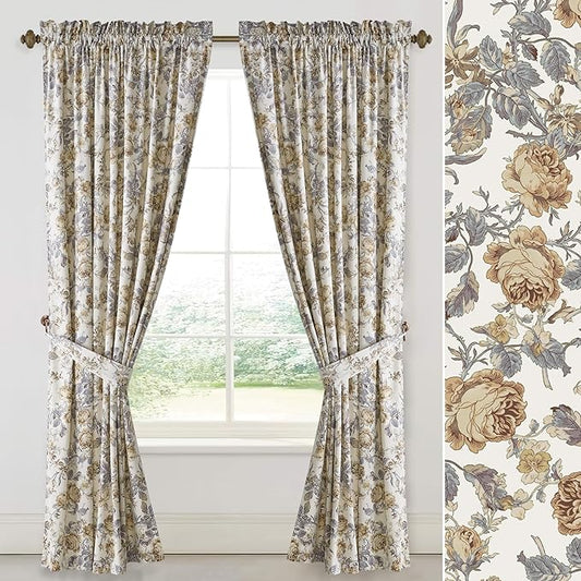 StangH Light Beige Floral Vintage Curtains 96 inches, Botanical Pattern Printed On Velvet Curtains Privacy Thermal Insulated Window Drapes for Cafe Living Room, W52 x L96, 2 Panels