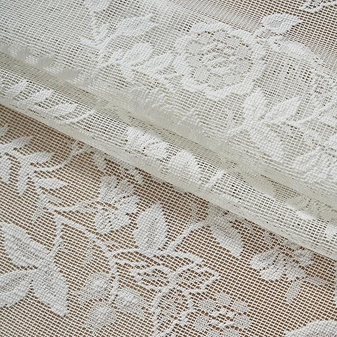 FINECITY Lace Curtains 45 Inch Length for Kitchen Window, Rustic Leaf Floral Design Lace Kitchen Curtains 2 Panels, Rod Pocket Farmhouse Privacy Sheer Lace Curtains, 42 x 45 Inch, 1 Pair, Ivory