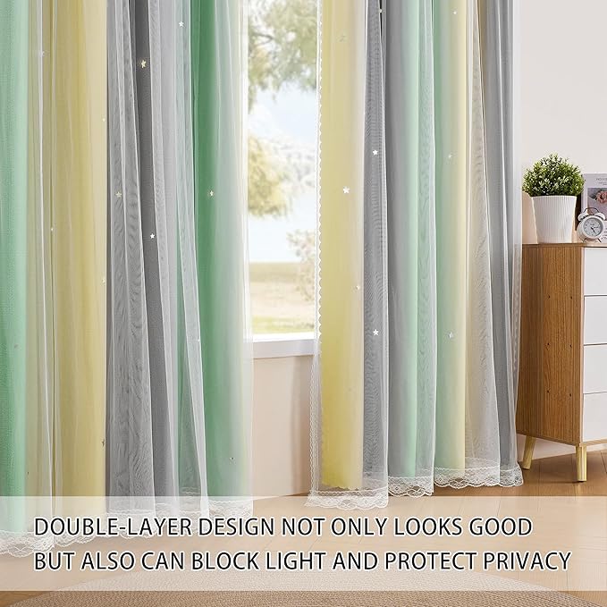 XiDi Grey Green Yellow Curtains 84 Inches Long for Girls Bedroom 2 Panels Set, Blackout Rainbow Curtains for Kids Room Decor, Unicorn Wall Decals Drapes for Little Girl Nursery Room 34 Inches Wide
