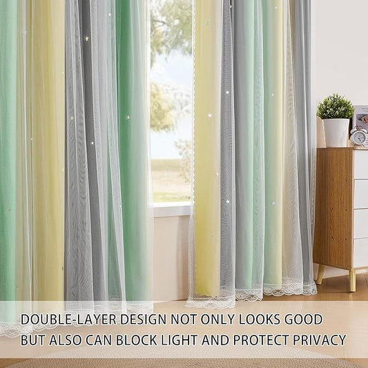 XiDi Grey Green Yellow Curtains 84 Inches Long for Girls Bedroom 2 Panels Set, Blackout Rainbow Curtains for Kids Room Decor, Unicorn Wall Decals Drapes for Little Girl Nursery Room 34 Inches Wide