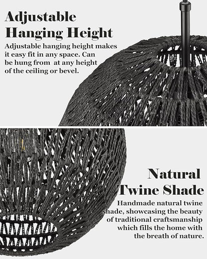ELYONA Modern Woven Chandelier, 14" Large Boho Rattan Pendant Light Fixtures, Adjustable Globe Wicker Hanging Light for Dining Room Living Room Kitchen Island Farmhouse Foyer Bedroom Hallway, Black