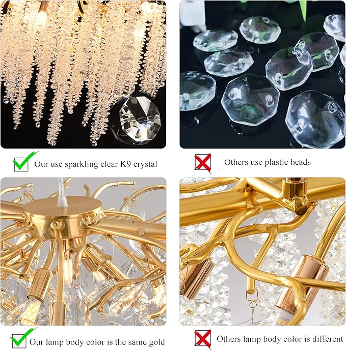 Tree Branches Chandeliers L39.5 Inch Gold Luxury Rectangular Crystal Raindrop Pendant Light 13 Lights Kitchen Island Hanging Light Fixture for Living Room Dining Room Foyer Entryway