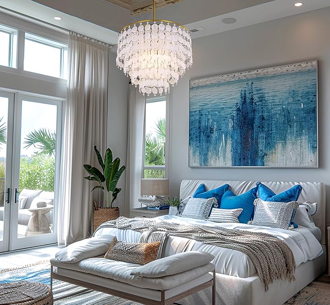 TOCHIC Natural Capiz Shell Chandelier, 6-Light Gold Modern Coastal Chandelier Light Fixture for Dining Room, Hanging Boho Round Beach Shell Pendant Light for Living Room, Bedroom, Kitchen, Foyer, 24"W