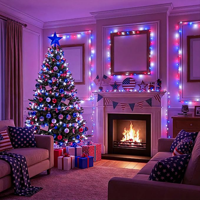 Red White and Blue String Lights, 66FT 200 LED 4th of July Lights Outdoor Waterproof with 8 Modes, Twinkle Fairy Light for Indoor Independence Memorial Day House Holiday Decorations