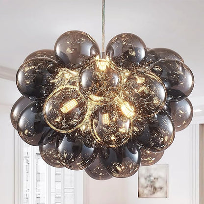 Longree Bubble Ball Chandelier Smoked Black, Dia 20 inch Oval Bubble Glass Pendant Light Fixture for Bedroom Study Bathroom