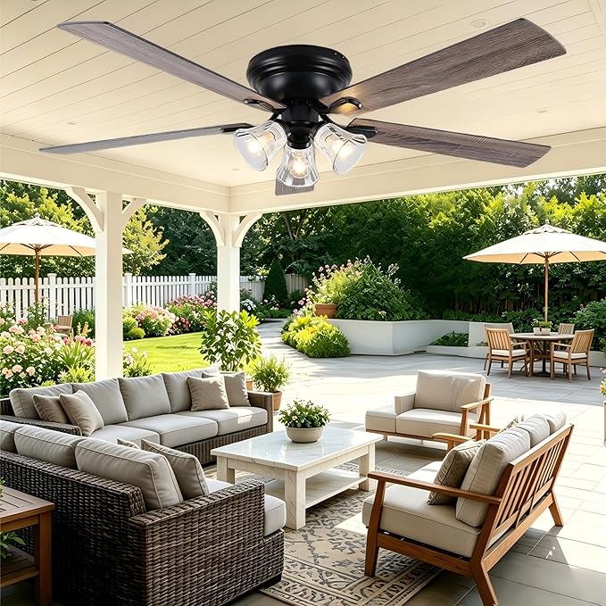 60" Vintage Ceiling Fan with Lights and Remote, Flush Mount Farmhouse Ceiling Fan 3-Lights Rustic Chandelier for Living Room Bedroom, Reversible Quiet DC Motor 6 Speeds