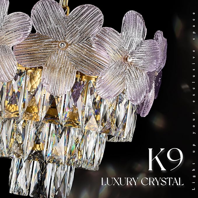 Modern Purple Flower Elegant Chandeliers 3-Lights 14" K9 Crystal Luxury Gold Chandelier Lighting 4 Tiers Small Ceiling Pendant Light Fixture for Dining Room Kitchen Island Entryway Bedroom