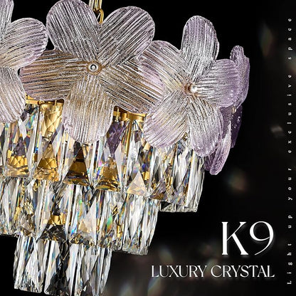Modern Purple Flower Elegant Chandeliers 3-Lights 14" K9 Crystal Luxury Gold Chandelier Lighting 4 Tiers Small Ceiling Pendant Light Fixture for Dining Room Kitchen Island Entryway Bedroom