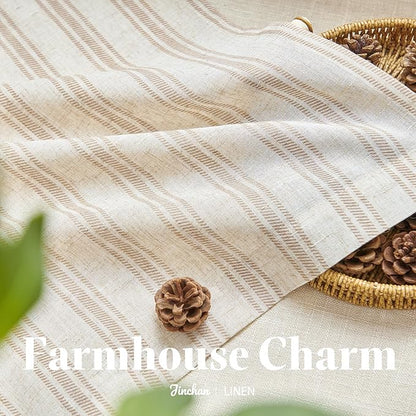 jinchan Linen Kitchen Curtains Striped Tier Curtains 36 Inch Farmhouse Small Drapes Balanced Stripe Half Window Light Filtering for Bathroom Laundry 2 Panels Tan on Linen
