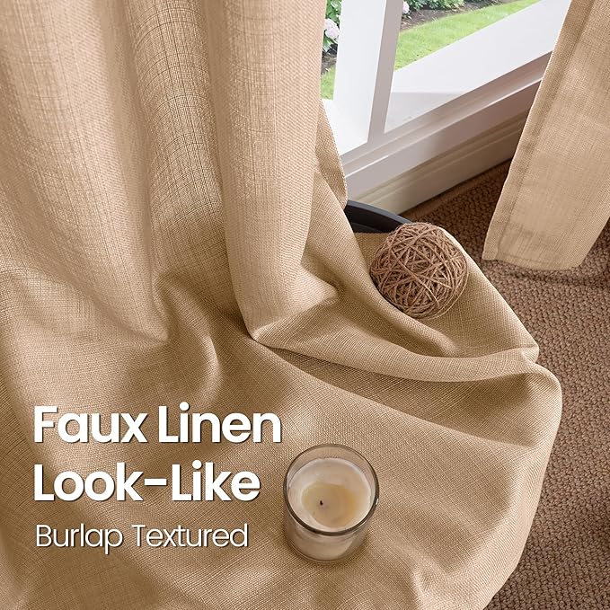 BGment Curtains 72 Inches Long for Living Room, Flax Linen Curtains Burlap Textured Thick Light Filtering Privacy Grommet Window Curtain Drapes for Bedroom, 2 Panels, 52 x 72 Inch, Tan