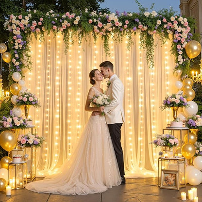 Champagne Tulle Backdrop Curtain with Lights String for Parites Wedding 5x8ft Champagne Sheer Backdrop Curtains for Bridal Shower Baby Shower Birthday Party Photo Booth Background Decorations