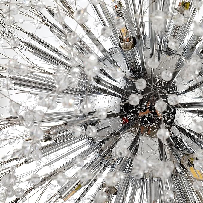 Dandelion Crystal Chandeliers, Modern Large 16 Lights Firework Chandelier, Chrome Sputnik Pendant High Ceiling Light Fixture for Foyer Entryway Living Room