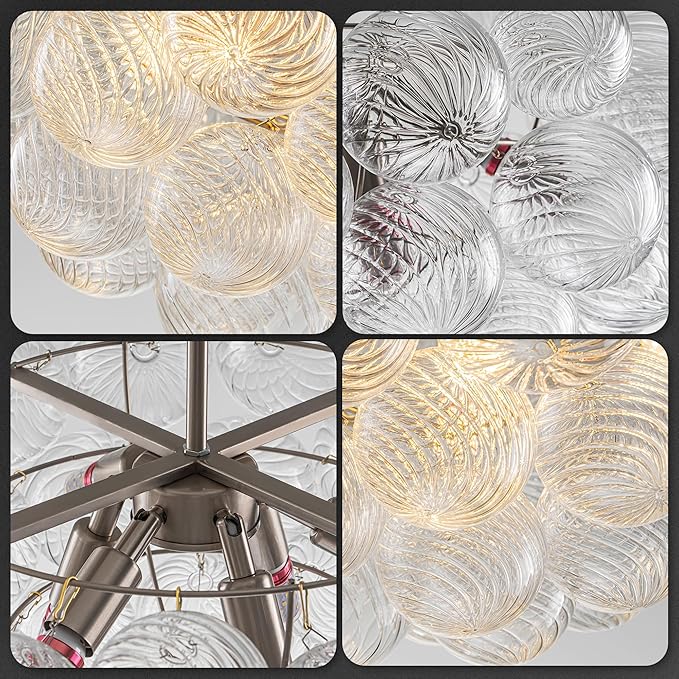 Hand Blown Glass Bubble Ball Chandelier Nickel-Plated 24" Semi-Flush Mount Ceiling Lights Art Deco Cluster Ribbed Glass Globe Chandeliers Light Fixture for Dining Living Bedroom Island