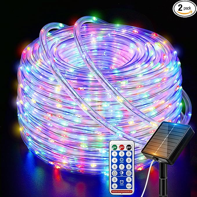 Ollny Solar Rope Lights, 2 Pack Total 66FT 200LED Solar Fairy Lights Multicolor