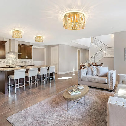 Crystal Flush Mount Ceiling Light, Gold Hallway Lights Ceiling Mounted Small Flush Chandelier for Bedroom Foyer