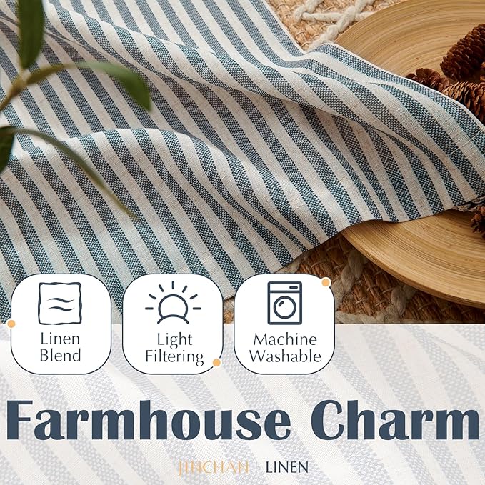 jinchan Striped Linen Kitchen Curtains 36 Inches Length Tier Curtains Farmhouse Modern Cafe Style Small Window Treatments Airy Light Filtering Rod Pocket for Living Room Bathroom 2 Panels Blue