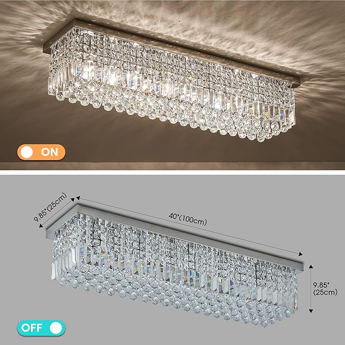 7PM Chandeliers for Dining Room, Crystal Ceiling Light Rectangle Crystal Chandelier Flush Mount for Living Room 40"x10"x10"