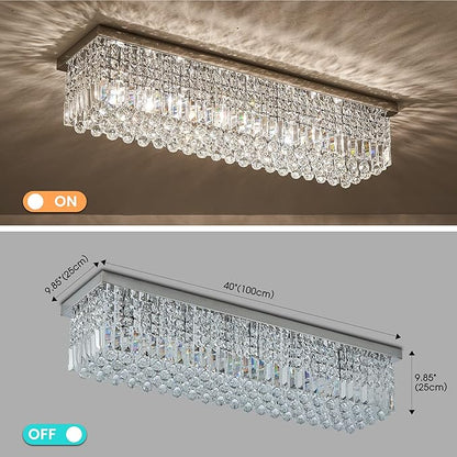 7PM Chandeliers for Dining Room, Crystal Ceiling Light Rectangle Crystal Chandelier Flush Mount for Living Room 40"x10"x10"