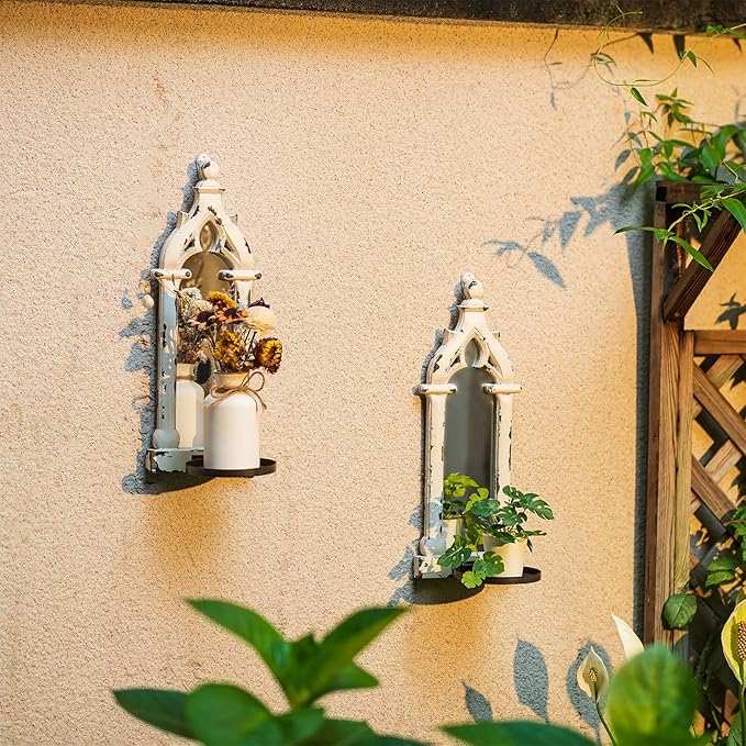 Farmhouse Mirror Wall Candle Sconces Set of 2 - Shabby Chic Decor Rustic Candle Holder French for Bathroom Living Room Mirrored Sconce