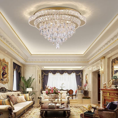 Gold 24" Modern Flush Mount Chandelier for Living Room, LED Crystal Ceiling Light for Bedroom,Elegant Dining Room Lighting Fixture with Remote Control, 3CCT Dimmable