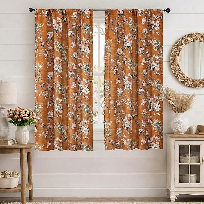 Simplebrand Orange Floral Curtains 63 Inch Length 2 Panels, Faux Linen Textured Semi Light Filtering Farmhouse Curtains & Drapes, Soft Airy Slub Window Curtains for Living Room Bedroom, Each 40"Wx63"L