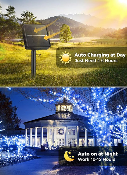 Minetom Solar Christmas Lights Outdoor Waterproof - 40FT 100 LED With 8 Modes - Decoration for Outside House, Tree, Party, Yard - Blue & Pure White