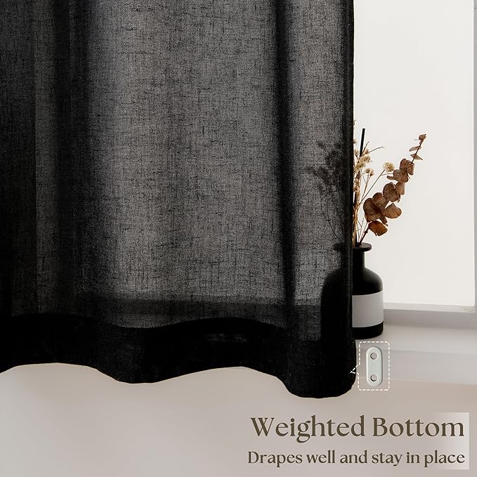 Black Linen Cafe Curtains 30 Inch Length 2 Panels Privacy Light Filtering Semi Sheer Front Door Small Window Treatment Boho Farmhouse Rod Pocket Short Curtains for Bathroom Kitchen Basement RV 26x30