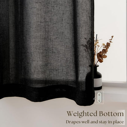 Black Linen Cafe Curtains 30 Inch Length 2 Panels Privacy Light Filtering Semi Sheer Front Door Small Window Treatment Boho Farmhouse Rod Pocket Short Curtains for Bathroom Kitchen Basement RV 26x30