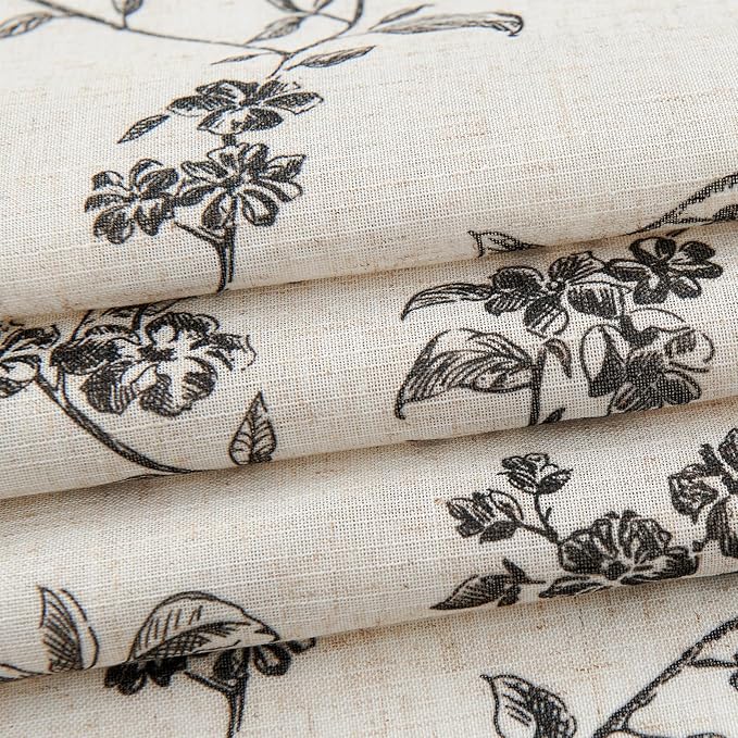 jinchan Floral Kitchen Curtains 54 Inch Linen Tier Curtains Farmhouse Cafe Half Window Drapes for Small Windows Light Filtering Black on Beige for Living Room Bathroom Back Tab 2 Panels