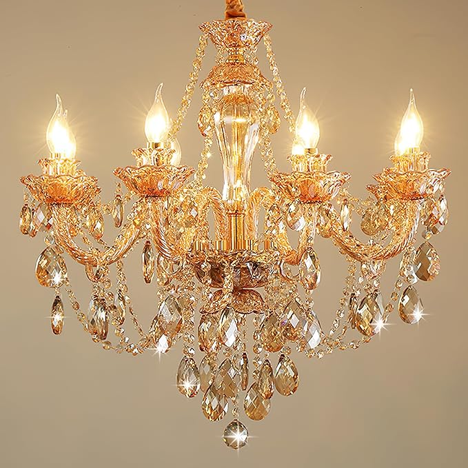 Bagood Champagne 8 Lights K9 Crystal Candle Chandeliers Lighting Candle Chandelier Lighting Modern Pendant Lights for Dining Living Room Bedroom Entry Elegant Decoration E12 Base, H22.8 x W27.2 Inch