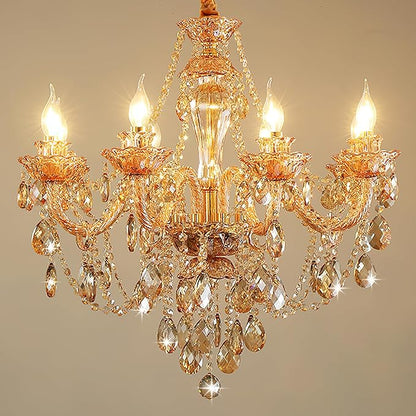 Bagood Champagne 8 Lights K9 Crystal Candle Chandeliers Lighting Candle Chandelier Lighting Modern Pendant Lights for Dining Living Room Bedroom Entry Elegant Decoration E12 Base, H22.8 x W27.2 Inch
