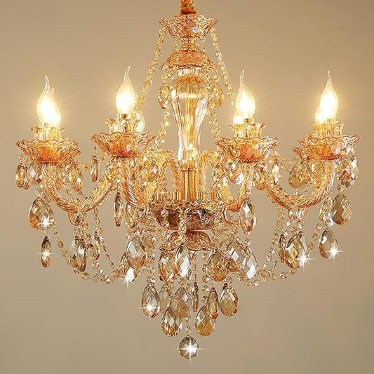 Bagood Champagne 8 Lights K9 Crystal Candle Chandeliers Lighting Candle Chandelier Lighting Modern Pendant Lights for Dining Living Room Bedroom Entry Elegant Decoration E12 Base, H22.8 x W27.2 Inch