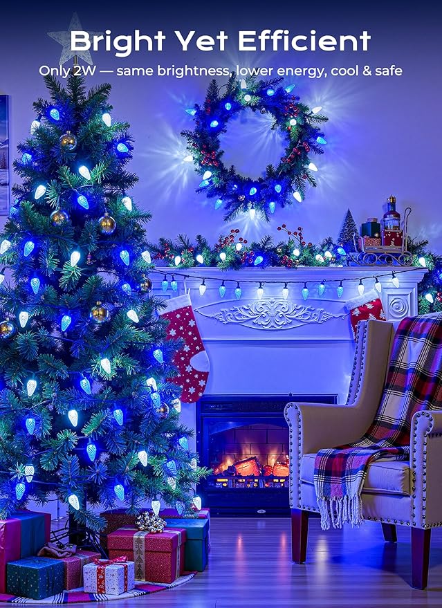 C9 Christmas Outdoor Lights, 72 FT 110 LED C9 String Lights, 8 Modes & Timer Extendable Waterproof for Christmas Tree Indoor Outdoor Roofline Patio Outside Backyard Holiday Xmas Decor, Blue White