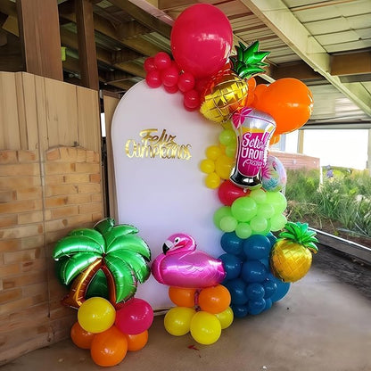 141 Pcs Rainbow Neon Balloon Arch Kit, Hot Pink Lime Green Orange Slate Blue Yellow Latex Hawaii Summer Tropical Balloon Garland for Hawaiian Luau Aloha Birthday Baby Shower Pool Party Decorations