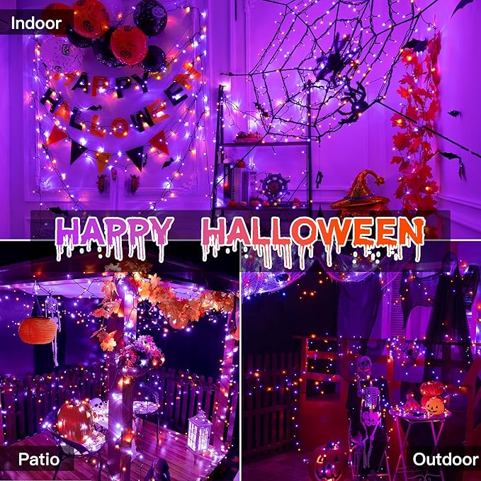 Guhope 66FT 200 LED Halloween Lights, Orange + Purple Halloween Lights Outdoor with 8 Lighting Modes, Waterproof String Lights for Halloween Christmas Outdoor Party Yard Garden Decoration